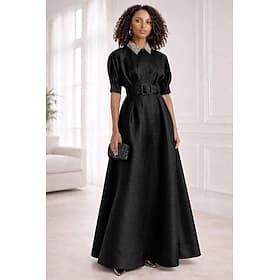 A-Line Floor Length Evening Gown Elegant Sparkle Embellished Short Sleeve Shirt Collar Wedding Formal Pocket Taffeta Stretch Fabric with Pleats Crystals