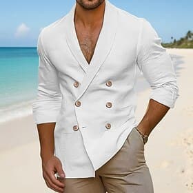 Men's Blazer Jacket Linen Blazer Shawl Collar Fashion Lightweight Casual Solid Colored Linen Blazer White khaki Dark Blue Tailored Fit Single Breasted Three-bu
