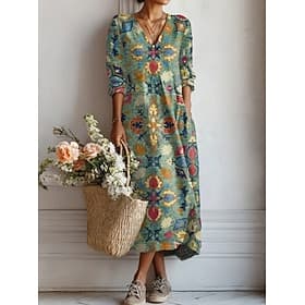 Women's Midi Dress Linen Like Breathable Lightweight Sundress A Line Dress Vacation Casual Boho Holiday Regular Fit Graphic Geometric Color Block Long Sleeve V