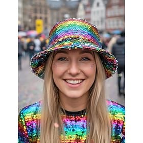 Women's Multi-Color Reversible Sequin Bucket Mardi Gras Hat - Shiny Disco Costume Accessory for Carnival, Rave  Masquerade