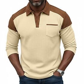 Men's Waffle Polo Shirts Casual Street V Neck Seagull collar Long Sleeve Fashion Basic Solid Color Color Block Spring   Fall Fall  Winter Regular Fit Black Nav