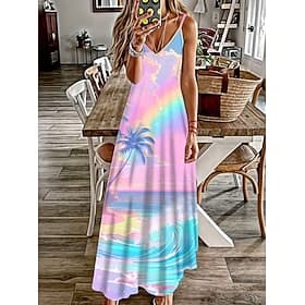 Women's Maxi Dress Sundress A Line Dress Slip Dress Vacation Casual Boho Beach Loose Fit Graphic Leaf Sleeveless V Neck Spaghetti Strap White Light Green Pink