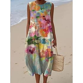 Abito Midi da Donna in Lino Come Abito da Spiaggia Abito a Fascia Abito A Linea Vacanza Casual Boho Festa in Spiaggia Uscita Fit Largo Grafica Floreale Senza M