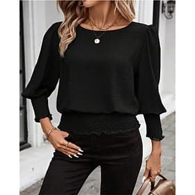 Women's Blouse Dressy Tops Ruched Patchwork Solid Color Plain Elegant Vintage Ladies Long Sleeve Crew Neck Regular Tops Daily Work Going out Blue Black White P