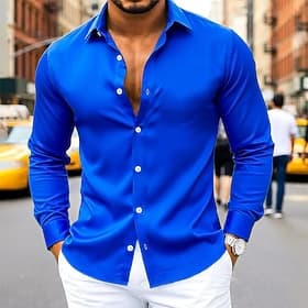 Herren Hemd Satinhemd Kleidhemd Freizeithemd Knopfhemd Abschlussballhemd Einfach Hochzeit Formell Marineblau Königliches Blau Langarm Revers Ganzjahres Bekleid