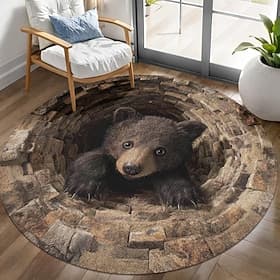 3D Optical Illusion Area Rug Visual Trap Floor Mat Non Slip Bear Cave Design for Entryway Bathroom Bedroom Living Room Indoor Outdoor Diatomaceous Earth Quick