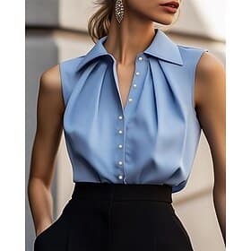 Women's Shirt Elegant Satin Top Summer Tops Ruched Patchwork Buttons Solid Color Plain Elegant Vintage Ladies Sleeveless V Neck Regular Tops Daily Work Holiday