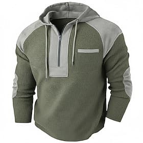 Men's Waffle T-shirt T Shirt Waffle Henley Shirt Shirts With Elbow Patches Long Sleeve Hooded Pullover Half Zip Fall  Winter Fall Solid Color Color Block Sport