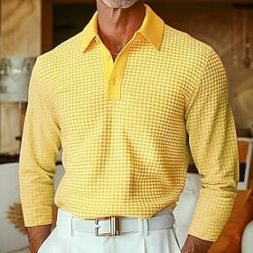 Homme Chemises Polo Gaufre Texturé Rue Occasionnel Revers manche longue Basique Moderne Uni Texturé Boutons Printemps Automne Toutes saisons Coupe régulière Bl