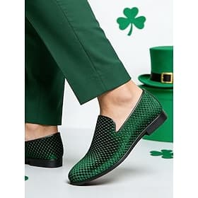 Men's Green Woven Loafers – Fashionable Slip-On Shoes with Woven Texture – Perfect for St. Patrick's Day Parties  Casual Outings