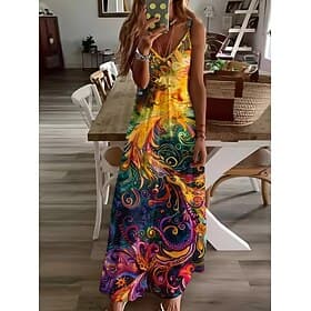 Women's Maxi Dress Sundress A Line Dress Slip Dress Vacation Casual Boho Beach Loose Fit Graphic Geometric Graffiti Sleeveless V Neck Blue White blue Yellow Re