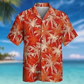 Herren Kokospalme Tropische Pflanzen Hemd Kuba-Kragen-Hemd Sommer Hawaiihemd Kurzarm Hawaiianisch Urlaub Ferien Strandbekleidung Sommer Frühling Hemd mit Camp-
