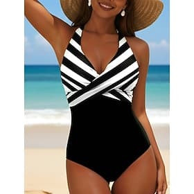 Women's One Piece Swimsuit Slimming Colorblock Monokini High Cut Tummy Control High Waist Slim Backless Vacation Vintage Ombre Graphic V Neck Sleeveless Bathin