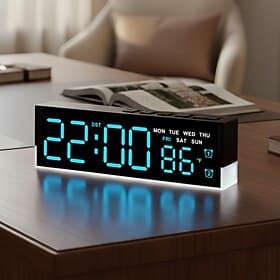 Modern LED Digital Alarm Clock with Dual Alarms  Soft Bottom Light, Displays Time, Date, Day, Temperature, 3-Level Auto/Manual Brightness, Battery Powered Desk