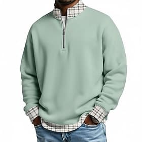 Men's Plaid Zip Polo Shirts Long Sleeve Polo Shirts Grandad Collar Casual School Athleisure Holiday Daily Wear 3D Print Quarter Zip Polo Spring Fall Winter Blu