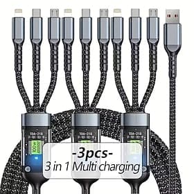 3-Pack Universal Fast Charging Cable, QC3.0 Nylon Braided Multi Charging Cord with Lightning, Micro USB and USB-C Connectors for Multiple Smartphones