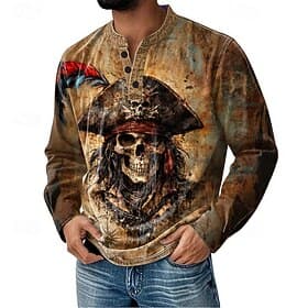 Men's Graphic Henley Shirt T shirt Tee Long Sleeve Fashion Daily Vintage Style Casual Holiday Going out Fall Spring   Fall Dark Brown Henley Henley T-Shirt