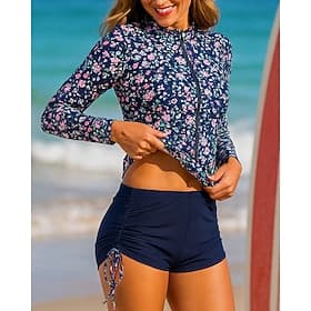 Women's Rash Guard Bathing Suit 2 Pieces Floral Zip Up Ruched Side UV Protection Elastic Long Sleeve Swimwear Surfing Beach Swimming Summer