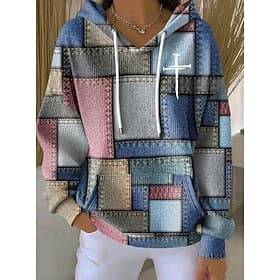 Women's Pullover Hoodie Sweatshirt Patchwork Graphic Geometric Casual Long Sleeve Hooded Regular Tops Casual Dailywear Sports Blue Denim Blue Light Green khaki