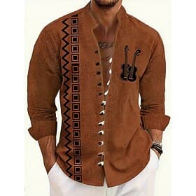 Men's Geometric Pattern Guitar Musical Instrument Shirt Stand Collar Shirt Long Sleeve Vintage Retro Casual Vacation Spring Fall Mandarin Collar Band Collar Bu