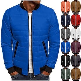 Men's Winter Coat Puffer Jacket Padded Pocket Quilted Polyster Casual Daily Outdoor Regular Fashion Streetwear Thermal Warm Winter Solid Color Blue Dark Grey W
