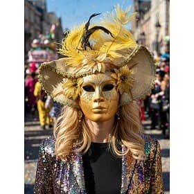 Women's Red and Gold Venetian Carnival Mardi Gras Mask with Feathers and Floral Details – Perfect for Mardi Gras and Masquerade Parties
