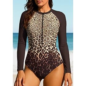 Women's Rash Guard Bathing Suit Swimsuit Set Leopard Color-blocking Zip Up UPF50 Quick Dry Lightweight Long Sleeve Swim Shirt Surfing Beach Water Sports Summer
