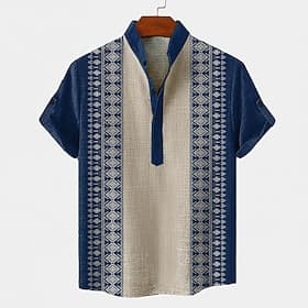 Men's Geometric Pattern Tribal Ethnic Shirt Button Down Shirt Short Sleeve Vintage Retro Holiday Casual Daily Summer Spring Standing Collar Henley Collar 3D Pr thumbnail 2
