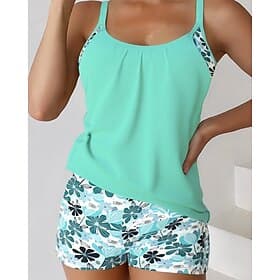 Women's Swimwear 2 Piece Shorts Swimsuit Backless Vacation Beach Wear Floral U Neck Sleeveless Bathing Suits thumbnail 2