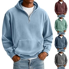 Men's Hoodie Pullover Hoodie Sweatshirt Quarter Zip Hoodie Wine Red Light Green Navy Blue Light Grey Light Blue Hooded Plain Kangaroo Pocket Sports  Outdoor Ca