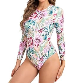 Women's Rash Guard Bathing Suit Swimsuits Tropical Zip Up Ultra Light (UL) UV Protection Elastic Long Sleeve Swimwear Surfing Snorkeling Spring