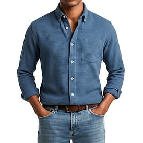 Men's Shirt Waffle Shirt Casual Shirt Band Collar Shirt Button Up Shirt Blue Pink Wine Navy Blue Long Sleeve Plain Textured Mandarin Collar Casual Daily Front
