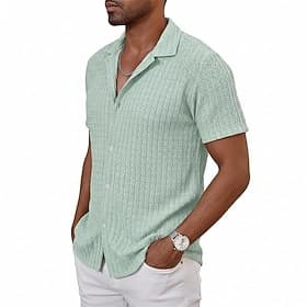 Men's Shirt Texture Casual Shirt Button Up Shirt White Light Green khaki Apricot Light Blue Short Sleeve Solid Color Shirt Collar Casual Daily Jacquard Clothin