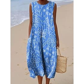 Vestido Midi de Mujer Tipo Lino Vestido de verano Vestido de corte recto Vestido en A Vacaciones Casual Boho Playa Fiesta Salir Corte suelto Gráfico floral Sin