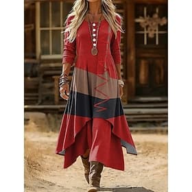 Women's Midi Dress Shift Dress Casual Daily Holiday Regular Fit Graphic Geometric Long Sleeve Crew Neck Blue Yellow Red Purple Spring Winter