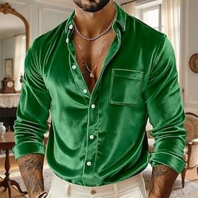 Men's Shirt Casual Shirt Button Up Shirt Velvet Shirt Blue Silver Black Yellow Red Long Sleeve Plain Turndown Vacation Party Pocket Clothing Apparel Fashion Ca