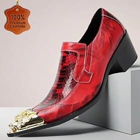 Men's Red Glossy Dress Shoes with Gold Toe Cap, Stylish Formal Shoes for Weddings and Formal Gatherings