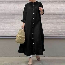 Women's Long Dress Maxi Dress Linen-feel Dresses Shirt Dress Casual Dress Elegant Fashion Modern Daily Vacation Going out Loose Fit Plain Long Sleeve Stand Col