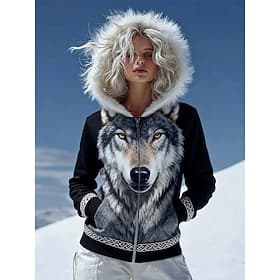 Women's Viking Zip Up Hoodies Graphic Animal Vintage Casual Long Sleeve Hooded Fur Collar Regular Tops Casual Dailywear Pocket Print Black Spring Fall Winter