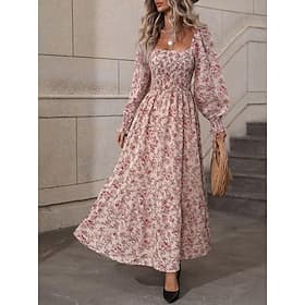 Women's Maxi Dress A Line Dress Casual Daily Regular Fit Floral Graphic Long Sleeve Square Neck Black Pink Spring Fall