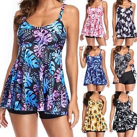 Women's Floral Print Swimsuit Bathing Suit Tankini Floral Tropical Tummy Control Elastic Sleeveless Swimwear Surfing Beach Vacation Summer