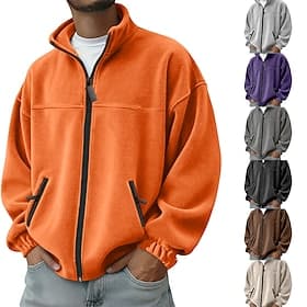 Men's Outdoor Jacket Fleece Jacket Formal Home Thermal Warm Pocket Basic Spring Fall Winter Solid Color Active Neutral Shirt Collar Regular Dark Gray Black Pur
