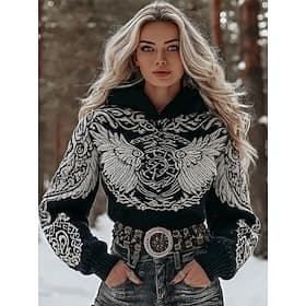 Women's Viking Sweater Vacation Vintage Daily Floral Hooded Print Long Sleeve Regular Tops Knit Daily Weekend Black Winter