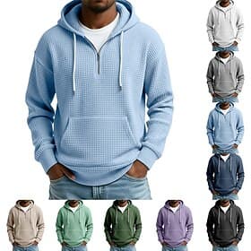 Men's Hoodie Waffle Hoodies Pullover Hoodie Sweatshirt Quarter Zip Hoodie Apricot Black Navy Blue Purple Green Hooded Plain Textured Casual Daily Sports  Outdo
