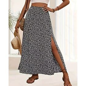 Women's Elegant Fashion Casual Maxi High Waist Skirts Floral Print Split Ends Micro-elastic Stretchy Daily Street Black Pink Summer