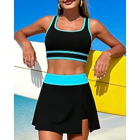 Damen Tankini 2 Teile Badeanzüge Farbblockierung Elastisch Ärmellos Bademode Surfen Schnorcheln Schwimmen Sommer