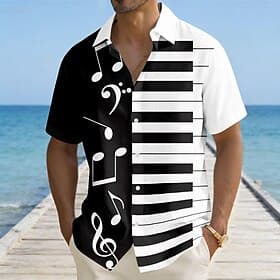 Men's Piano Musical Notes Color-blocking Shirt Summer Shirt Button Up Shirt Short Sleeve Vintage Retro Outdoor Vacation Music Festival Summer Turndown 3D Print