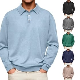 Men's Polo Casual Sports Lapel Long Sleeve Basic Modern Plain Textured Buttons Spring Fall Navy Blue Cyan Polo