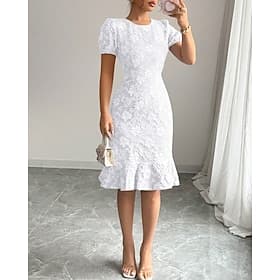 Women's Midi Dress Lace Dress Party Dress Cocktail Dress Sheath Dress Elegant Modern Party Birthday Cocktail Party Regular Fit Plain Short Sleeve Crew Neck Whi