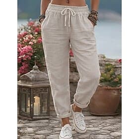 Femmes Pantalon en coton et lin Pantalons Pantalon d'été Vacances Basique Occasionnel Longueur complète Taille Moyenne Cordon de serrage Taille Élastique Confo